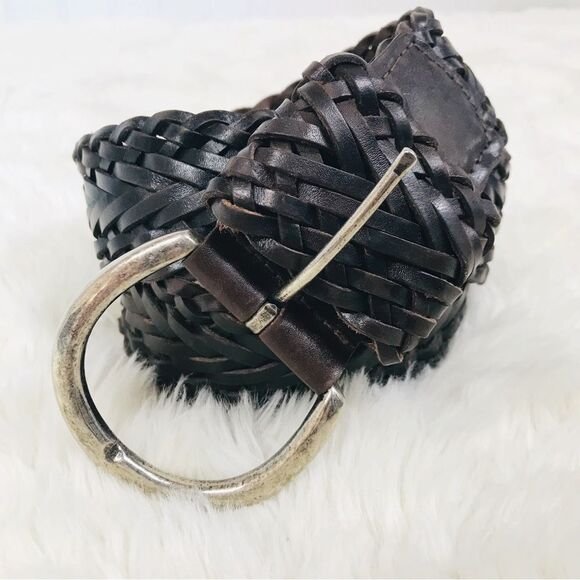 VINTAGE Wide Brown Braided Leather‎ Belt Woven Silver Buckle 90s Y2K Size Large - Picture 2 of 9